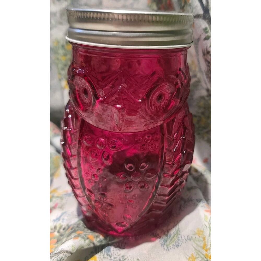 Glass Owl Canning Jar PINK Glass Mason Drinkware 5" Tall W/Lid